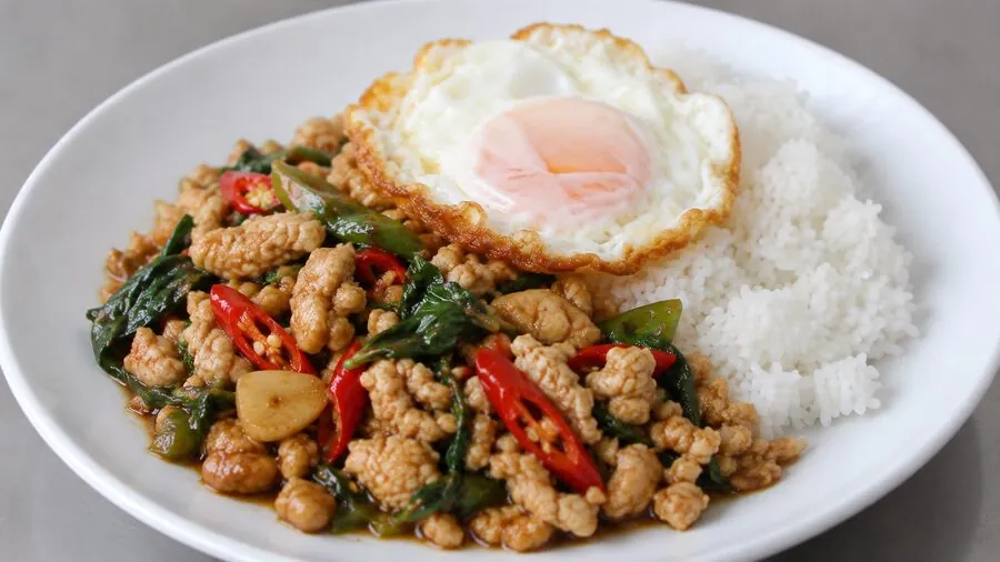 Pad Kra Pao mit Spiegelei, KI-generiertes Bild